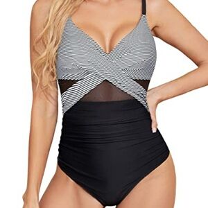 NWT Tempt Me Striped Black and White One Piece Swimsuit